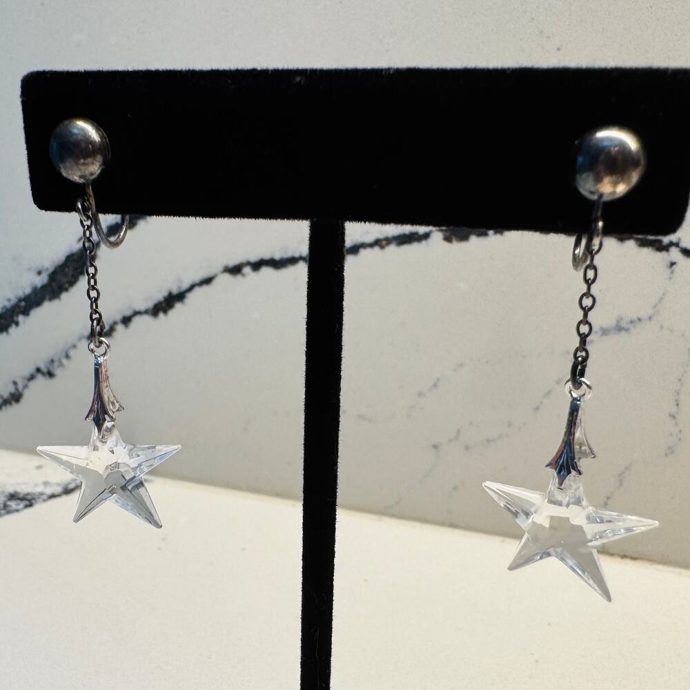 Vintage STG Sterling Silver Crystal Star Dangle Screw Back Earrings